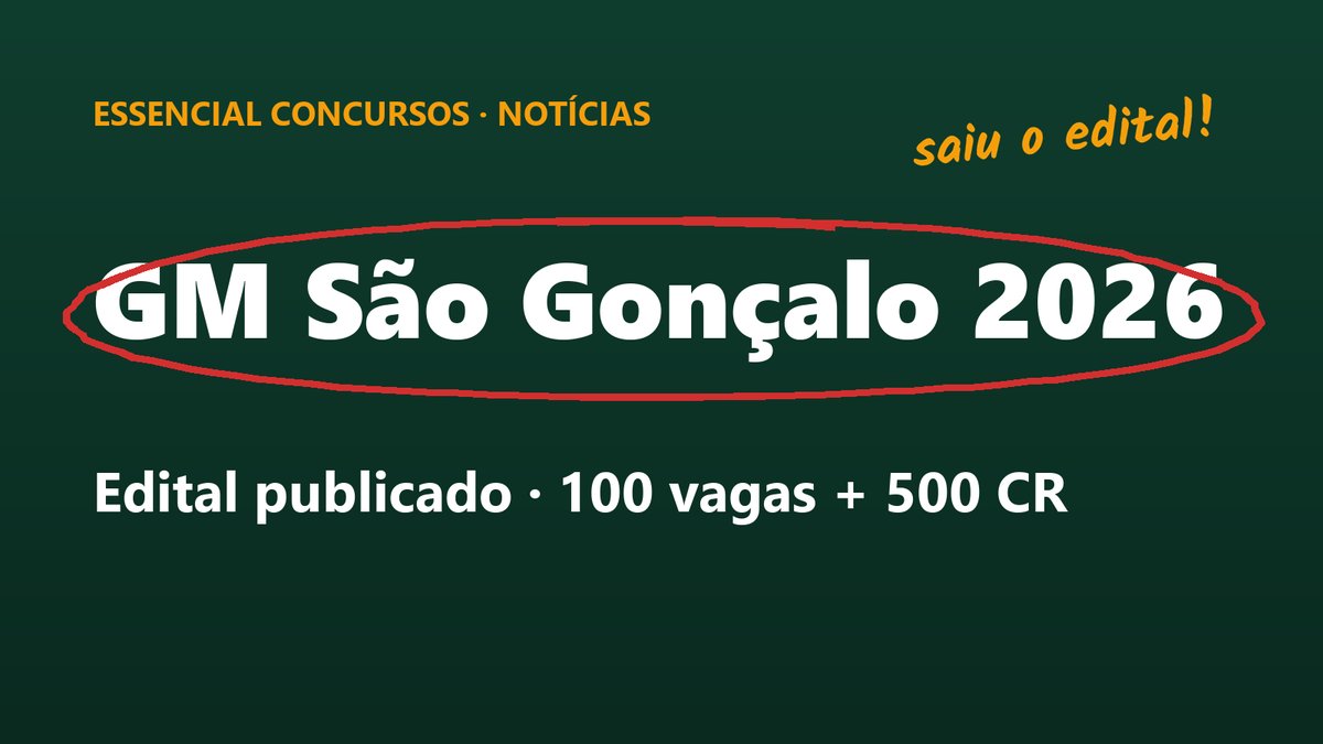 Capa da Essencial Concursos com o texto GM São Gonçalo 2026, edital publicado, 100 vagas e 500 de cadastro de reserva